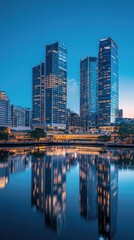 Fototapeta premium Stunning urban skyline at twilight, showcasing modern skyscrapers reflected on peaceful water surface.