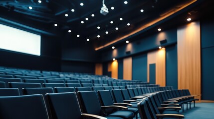 Fototapeta premium Modern empty auditorium with rows of seats, ideal for presentations and events, featuring a projector and dim lighting.