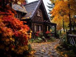 Fototapeta premium Autumnal Embrace: Historic Charmer Amidst Vibrant Foliage