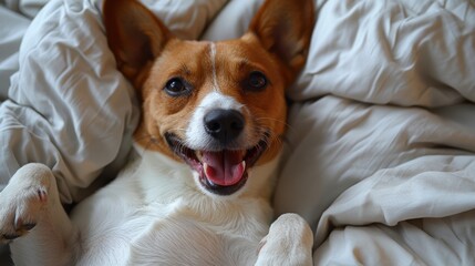Obraz premium Photo of a happy dog lying in bed under white sheets, smiling and holding its paws up to show the front view of its tongue, isolated on a pastel background. 