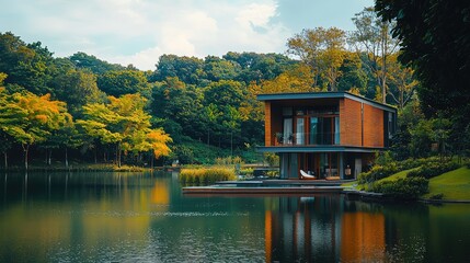 Modern house by the serene lake surrounded by lush greenery, perfect for a tranquil getaway or nature photography.