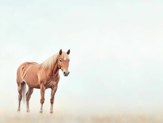 Obraz premium Horse standing peacefully in a misty meadow, soft early morning light, ethereal atmosphere