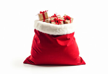 a red bag full of gifts on a white background