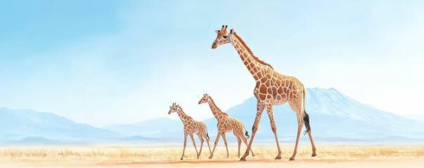 Giraffe family walking across a wide savannah plain, distant mountains under a bright, blue sky