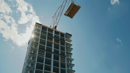 Construction site with crane lifting materials to high rise building under clear blue sky, showcasing progress of urban development and engineering
