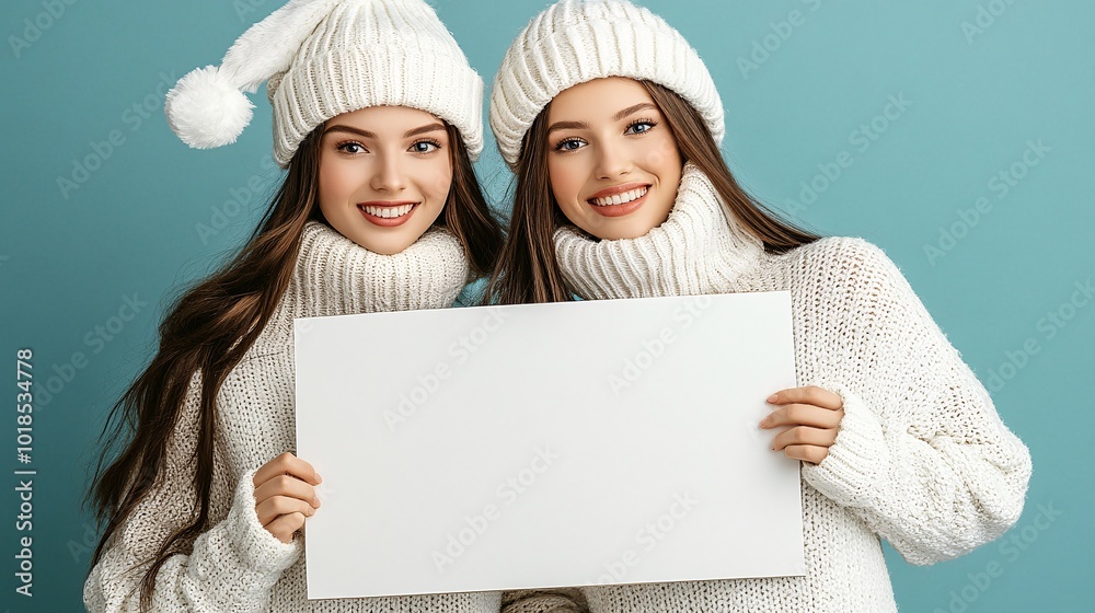 Poster isolated on christmas green color background with side space for letters lgbtq couple in holiday hat