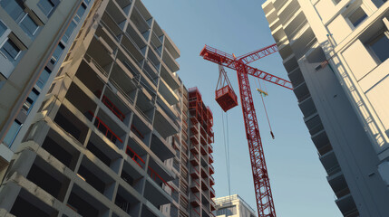 Modern construction site with red crane lifting materials between concrete buildings, showcasing urban development and architectural progress