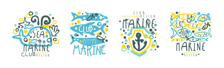 Sea and Marine Club Hand Drawn Logo and Label Original Design Vector Set