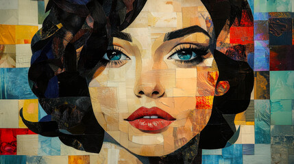 Retro Pop Art Collage Portrait of Beautiful Woman with Dark Brown Hair, Colorful Vibrant Vintage Style, Modern Artistic Concept