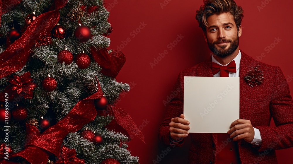 Poster isolated on red color background with side space for letters young professional dressed in business 