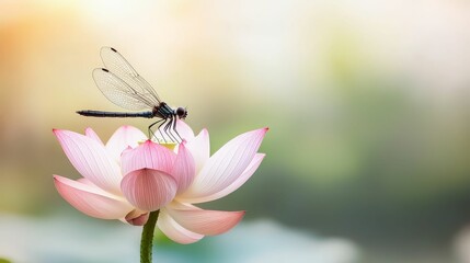 Obraz premium Dragonfly perched on a lotus flower in a peaceful Zen garden, tranquil atmosphere, natural beauty