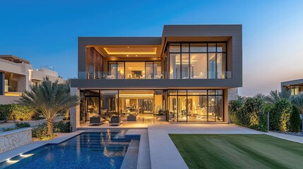 Modern villa with spacious design, pool, and lush landscaping, glowing under twilight sky, perfect for luxury living visuals.