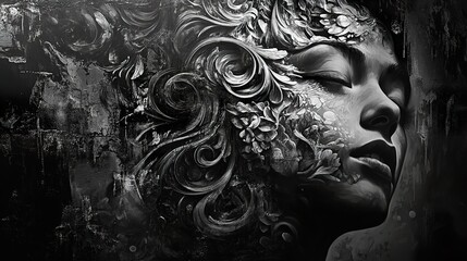 Black and White Portrait of a Woman with Floral Ornamentation