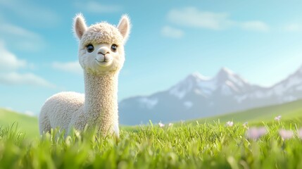 Fototapeta premium Fluffy alpaca standing in a vibrant green meadow, mountains in the background under a clear blue sky