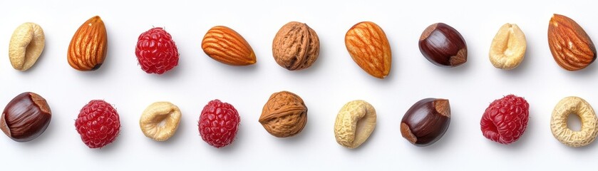 Colorful assortment of nuts and berries on a white background.