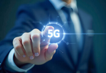 The hand touches the virtual 5G button, on a blue background