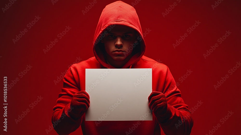 Aufkleber isolated on red color background with side space for letters teenager in a festive hoodie holding a 