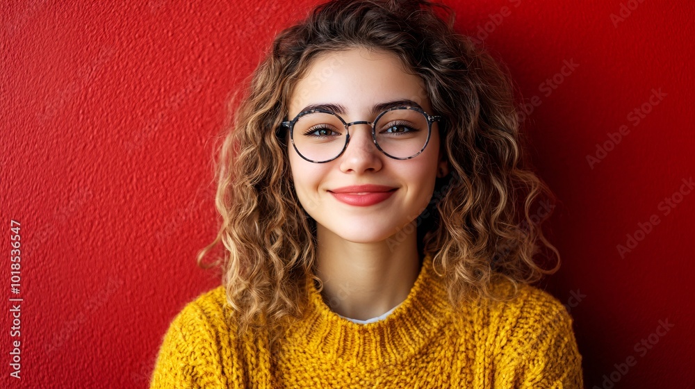 Aufkleber Isolated on Red color background with side space for letters Young office worker smiling and holding an empty white sign for seasonal messages Stock Photo with copy space