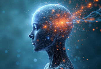 Obraz premium the human head and the virtual universe on a blue background