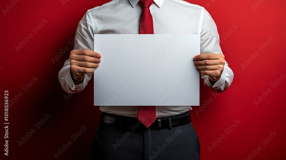 Poster isolated on red color background with side space for letters business person wearing a holiday tie h