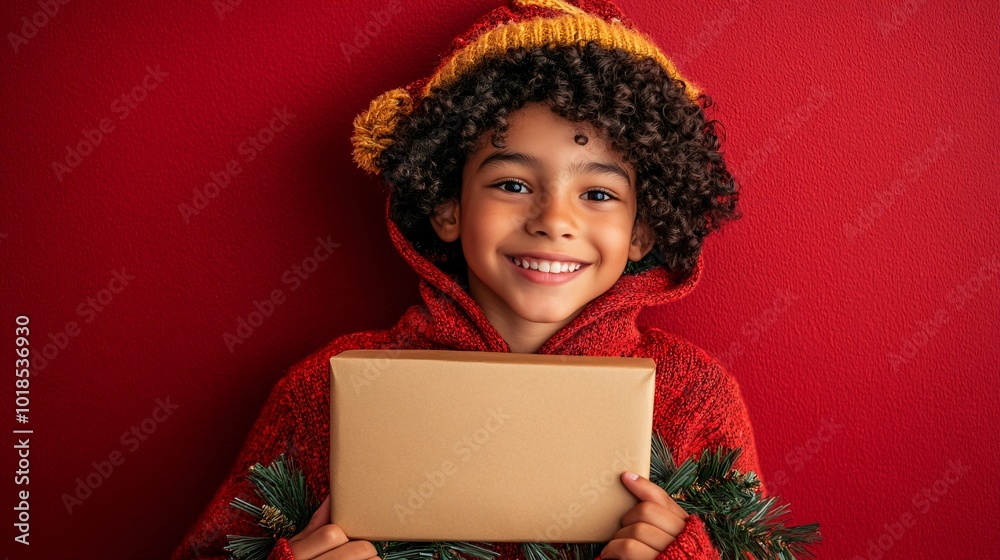 Poster isolated on red color background with side space for letters teenager in a festive hoodie holding a 