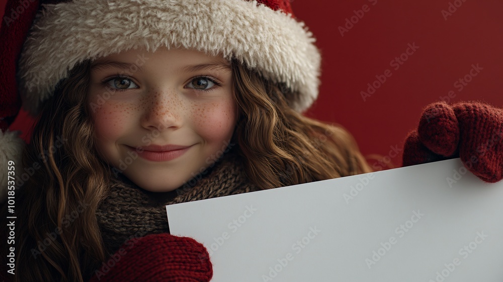 Poster isolated on red color background with side space for letters teenager dressed in a santa hat and mit