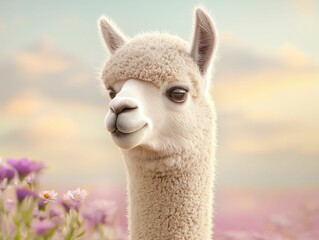 Obraz premium Alpaca standing in a field of wildflowers, colorful and detailed environment, soft afternoon light