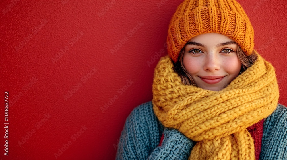 Poster isolated on red color background with side space for letters teenager dressed in holiday colors hold