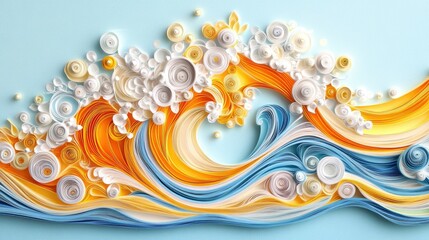 Naklejka premium Bright paper quilling in orange, yellow, and white forming a wave pattern on a pastel blue background, showcasing intricate craftsmanship.