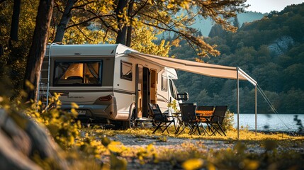 Modern Caravan in Serene Nature Setting