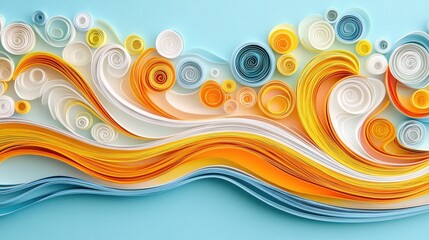 Bright paper quilling in orange, yellow, and white forming a wave pattern on a pastel blue background, showcasing intricate craftsmanship.