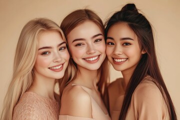 Obraz premium A group of young women from different ethnicities shares bright smiles, symbolizing the strength of friendship and the beauty of diversity.