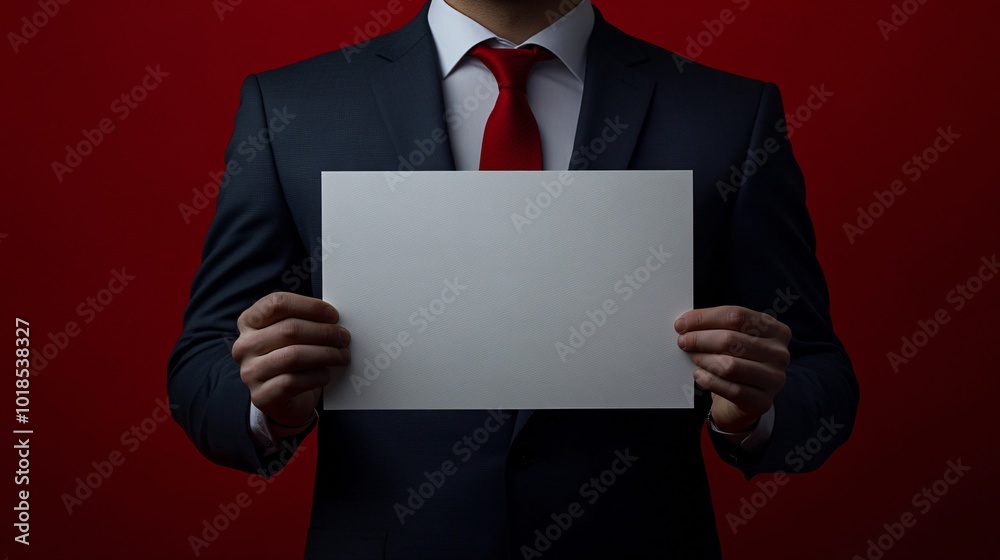 Poster isolated on red color background with side space for letters young professional in a holiday tie hol