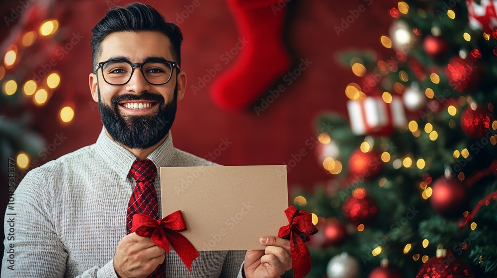 Poster isolated on red color background with side space for letters young professional in a holiday tie hol