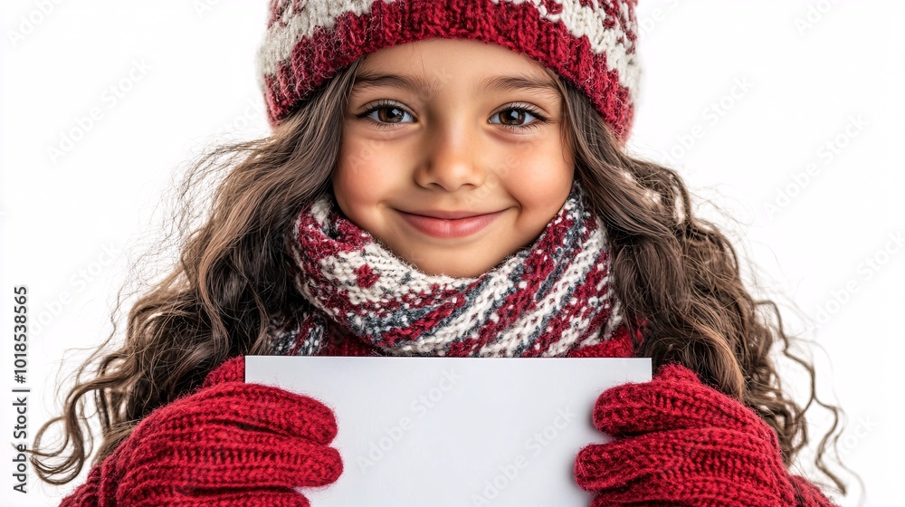 Poster Isolated on white background with side space for letters Asian child holding an empty white board while dressed in festive holiday attire Stock Photo with copy space