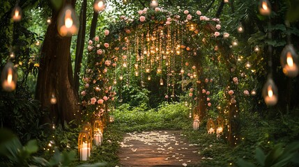 Romantic Garden Wedding Ceremony with Floral Arch and Fairy Lights