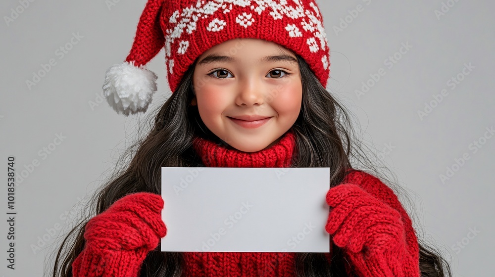 Poster isolated on white background with side space for letters asian child holding an empty white board wh