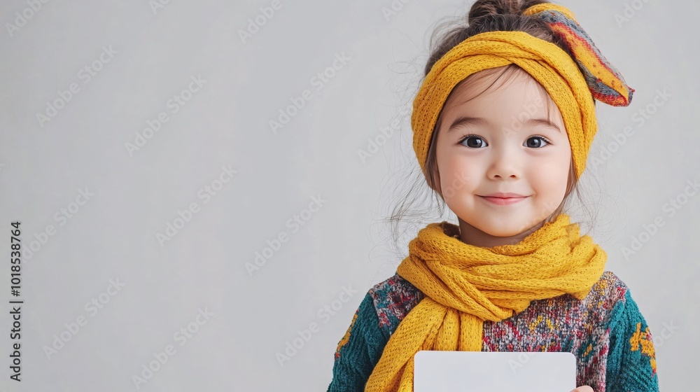 Poster isolated on white background with side space for letters asian child holding an empty white board wh