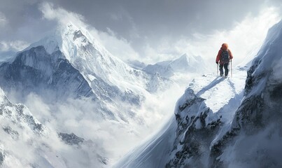 A lone hiker on a snowy mountain peak.