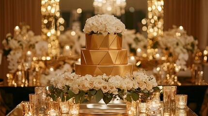 Geometric Wedding Cake with White Roses and Gold Decor