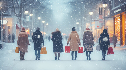 Obraz premium Back view of group people come from shopping on a snowy street