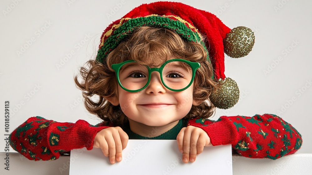 Poster isolated on white background with side space for letters western child smiling and dressed in holida