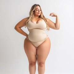 Obraz premium Satisfied model in nude suit, arm raised happily