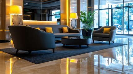 Stylish hotel lobby showcasing modern furniture, warm lighting, and elegant decor, creating a welcoming and luxurious atmosphere.