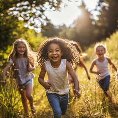 Fototapeta premium Kids Running through Meadow: A group of diverse children run through a sun-drenched meadow, their laughter echoing through the air. The image captures the joy of childhood and the beauty of nature. 