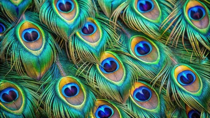 A vibrant close-up of a peacock's tail feathers, showcasing the intricate patterns and iridescent colors of the eye spots