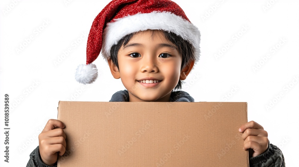 Poster isolated on white background with side space for letters asian child wearing a christmas hat and smi