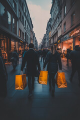 Obraz premium Back view of man and woman walking on the street with shopping bags