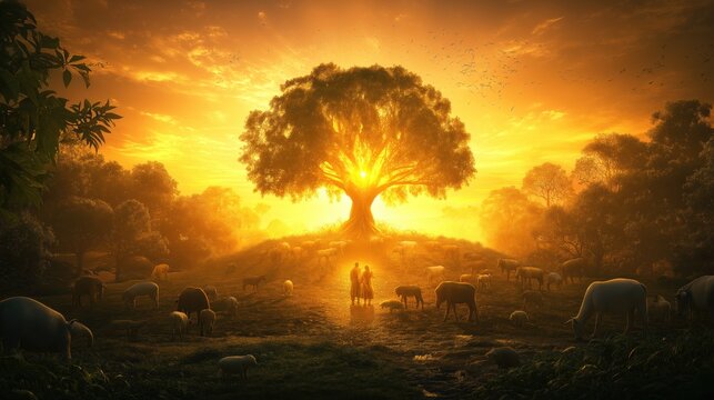 Garden of Eden at dawn lush and vibrant with Adam and Eve walking among the animals