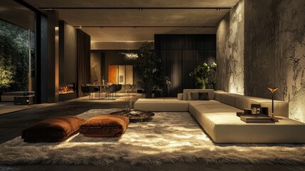 Stylish modern living room with elegant design, warm lighting, and cozy seating, perfect for relaxation and social gatherings.